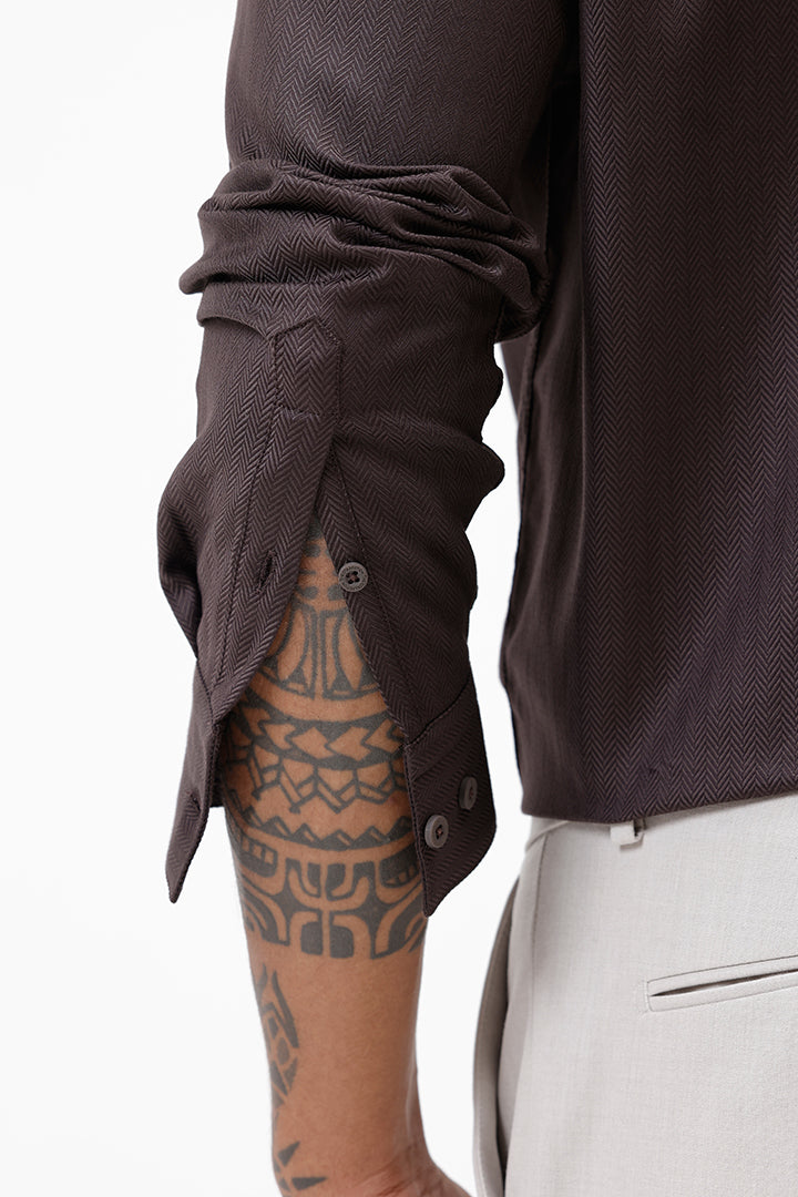 DARK BROWN HERRINGBONE COTTON SHIRT