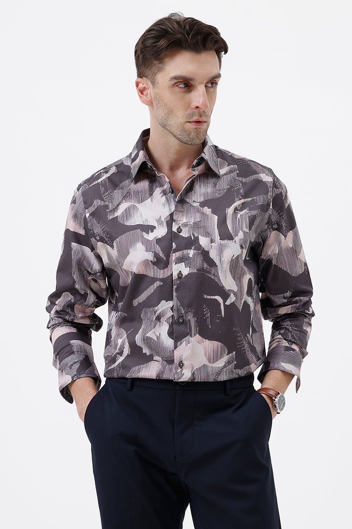 COFFEE BROWN COTTON PRINT SHIRT