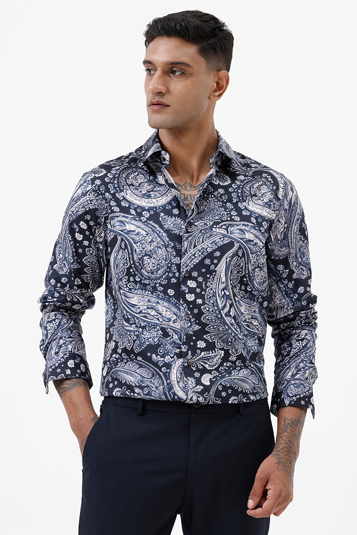 INK BLUE PAISLEY COTTON PRINT SHIRT