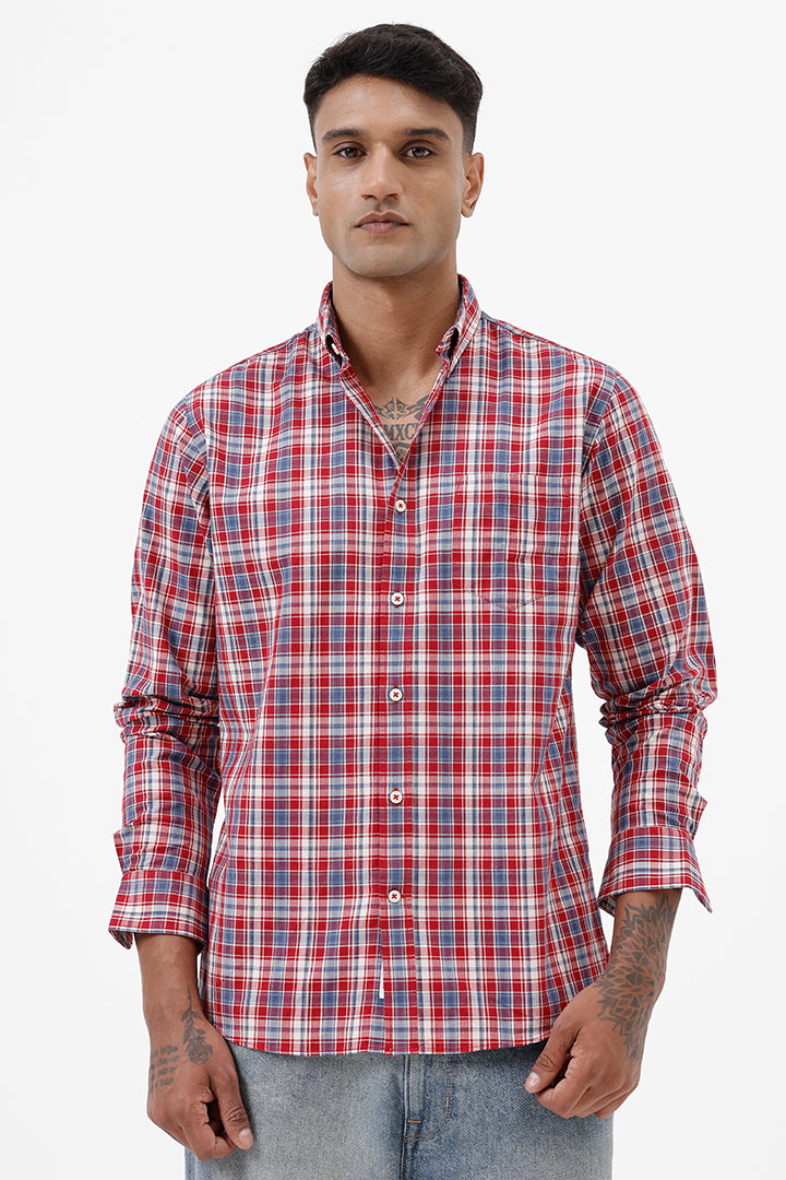 RED MELANGE COTTON CHECK SHIRT