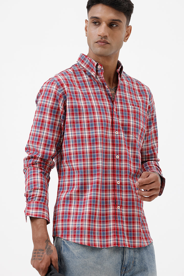 RED MELANGE COTTON CHECK SHIRT