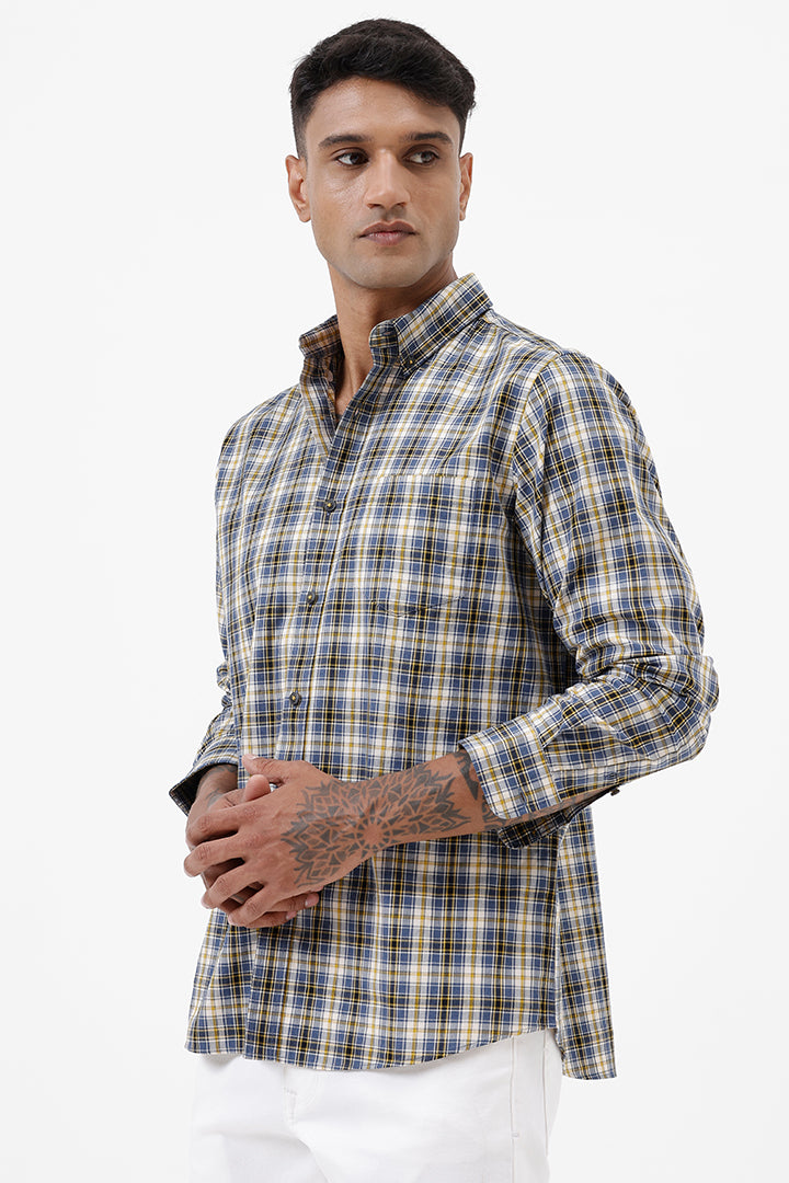 BLUE MUSTARD MELANGE COTTON CHECK SHIRT