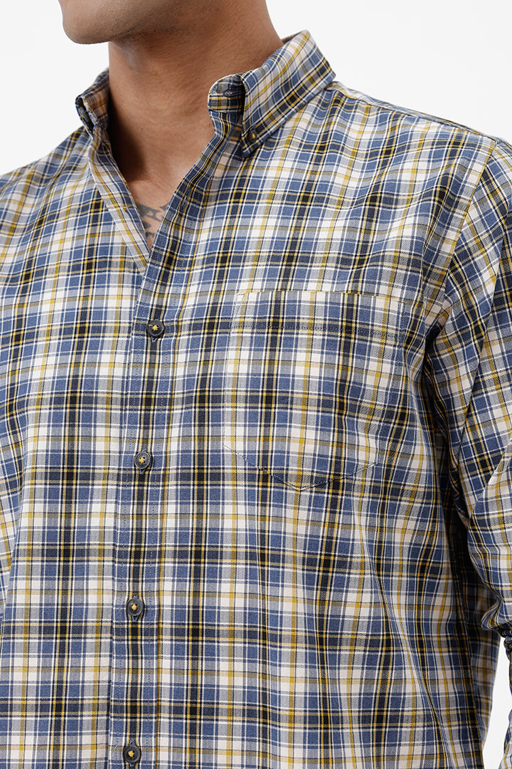 BLUE MUSTARD MELANGE COTTON CHECK SHIRT
