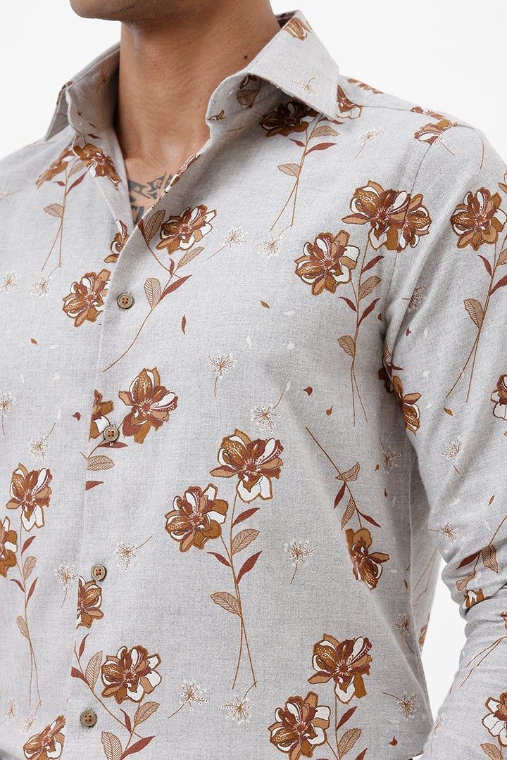 GREY MILANGE FLORAL COTTON SPANDEX PRINT SHIRT