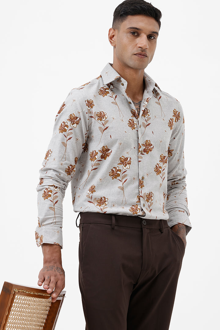 GREY MILANGE FLORAL COTTON SPANDEX PRINT SHIRT