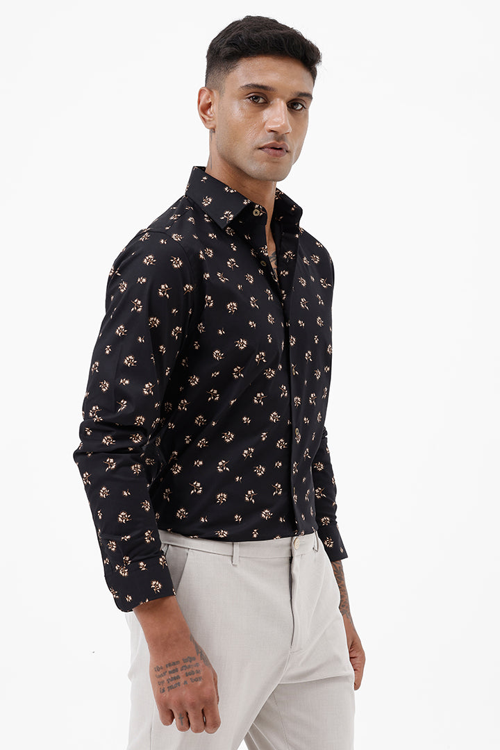 BLACK LEAF COTTON SPANDEX PRINT SHIRT