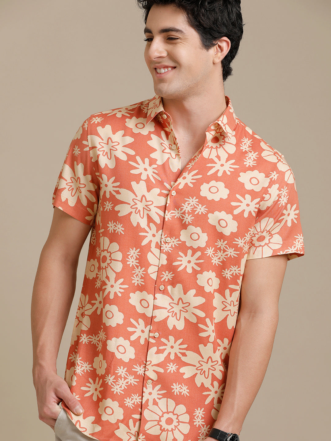 Orange Flower Print Short Sleeve Shirt