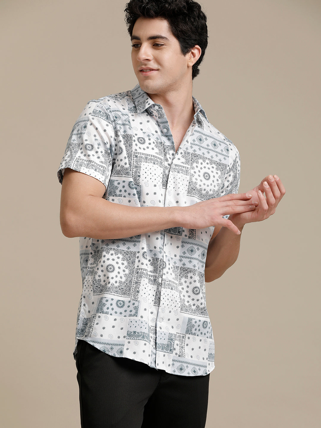 Lt. Blue White Block Print Short Sleeve Shirt