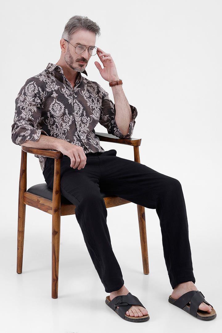 BROWN DAMASK COTTON LINEN PRINT SHIRT