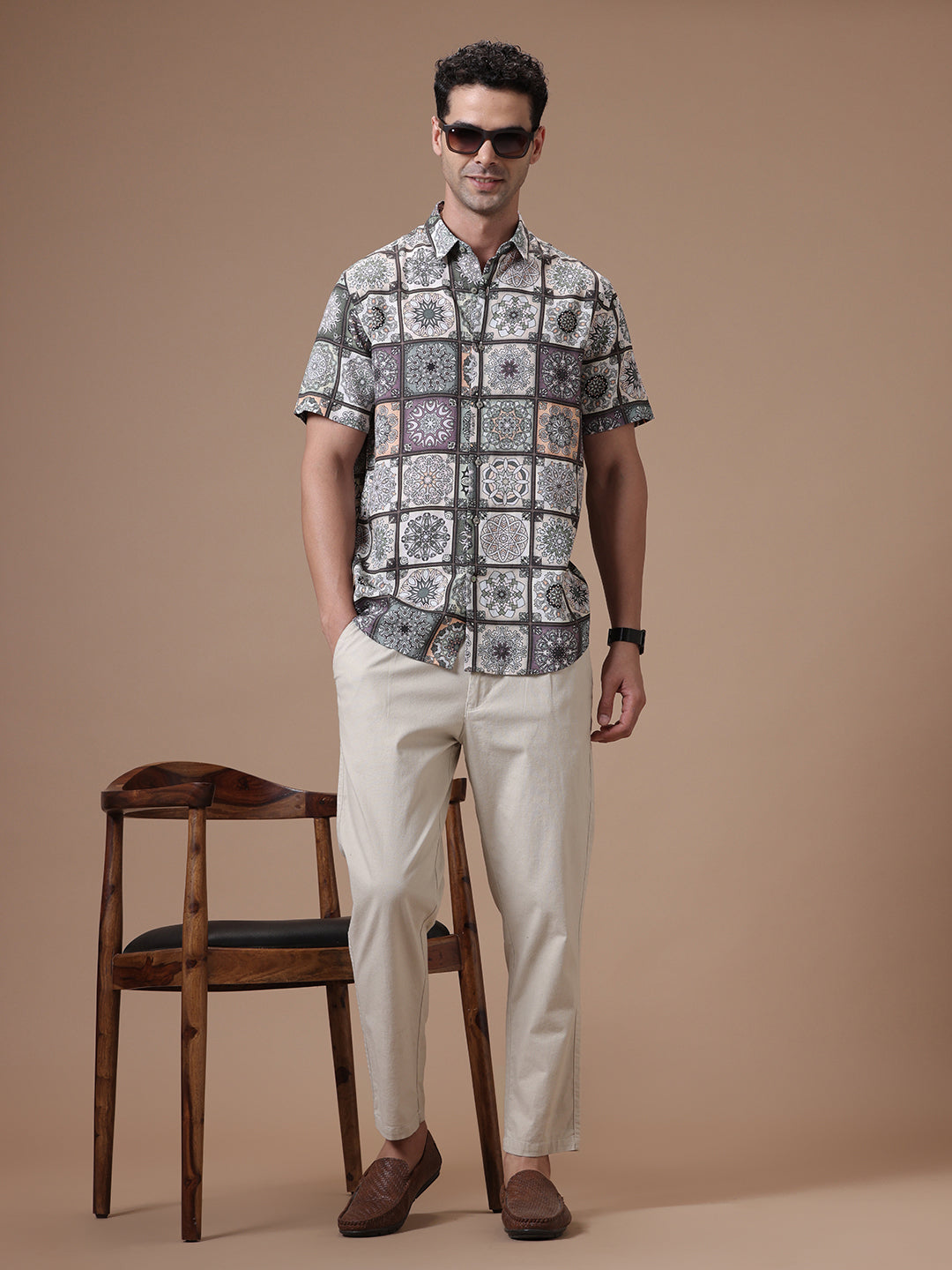 Comfort fit Printed Olive Smart casual Tencel Linen Half sleeve Shirt (FRANKLIN)