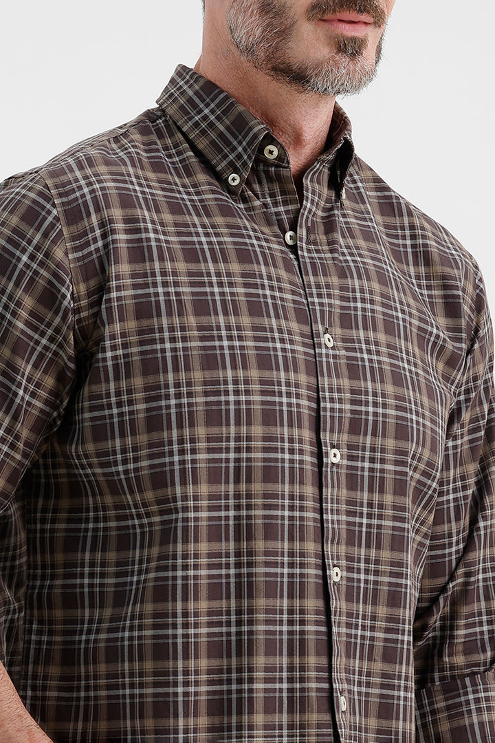 WALNUT BROWN COTTON CHECK SHIRT