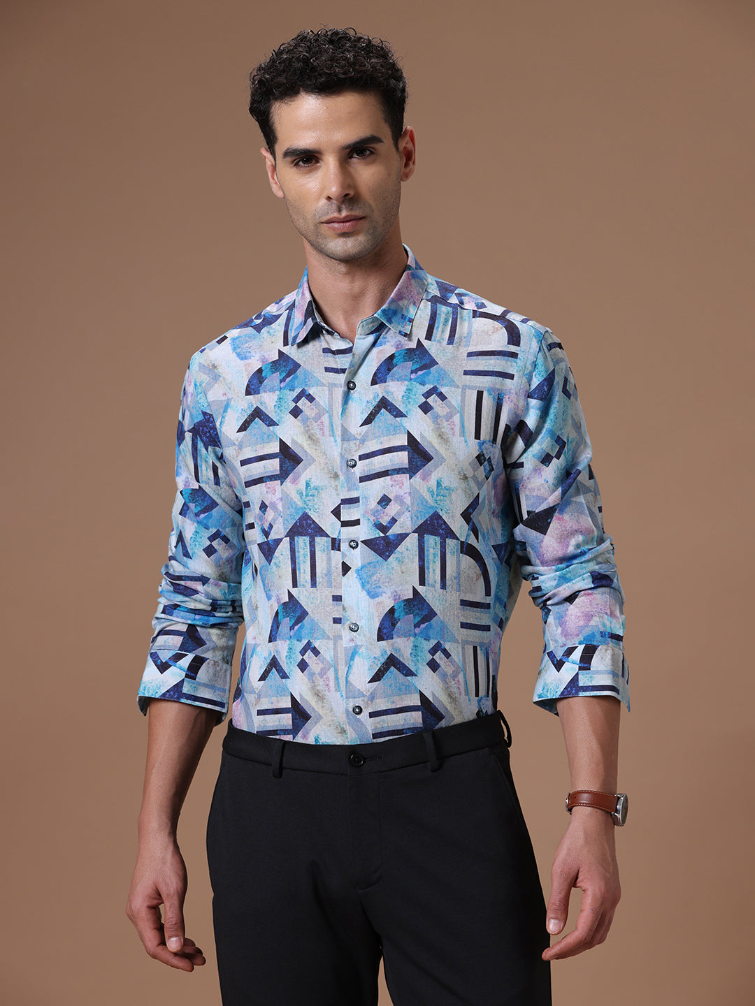 Comfort fit Printed Aqua Smart casual Tencel Linen Full sleeve Shirt (LEYMAR)