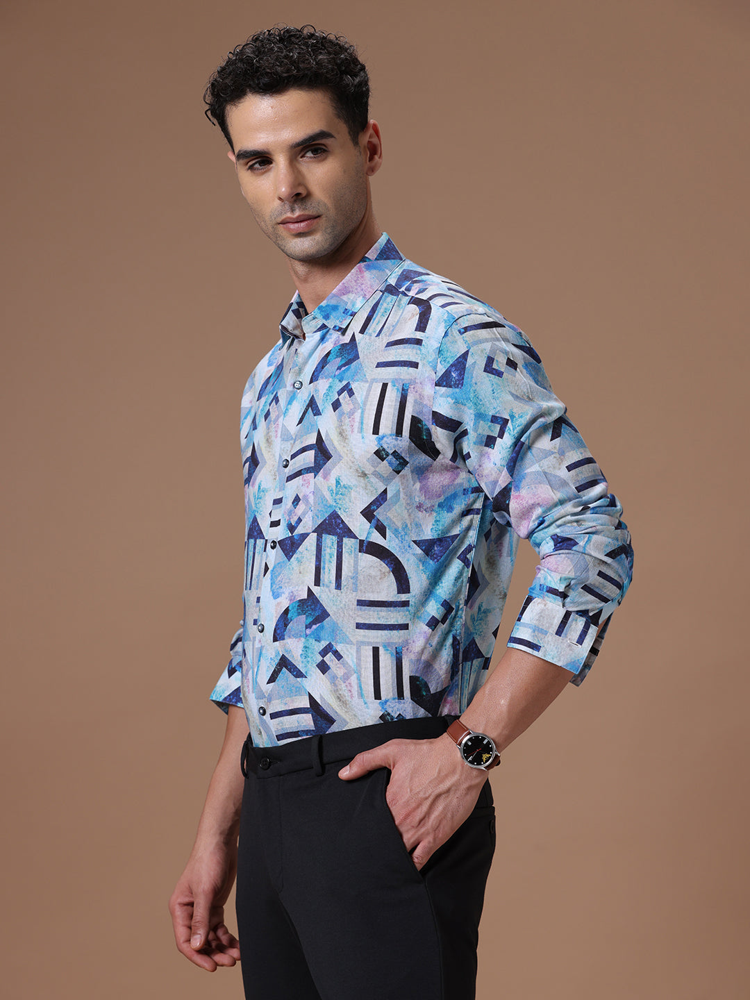 Comfort fit Printed Aqua Smart casual Tencel Linen Full sleeve Shirt (LEYMAR)