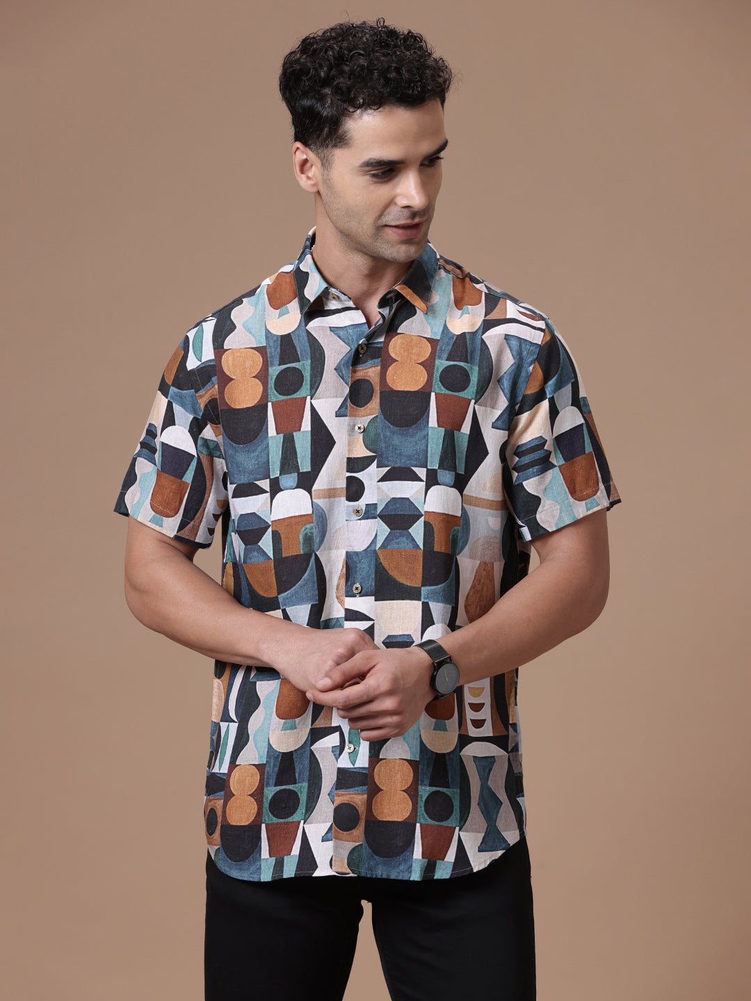 Comfort fit Printed Multi Smart casual Tencel Linen Half sleeve Shirt (MICHALE)
