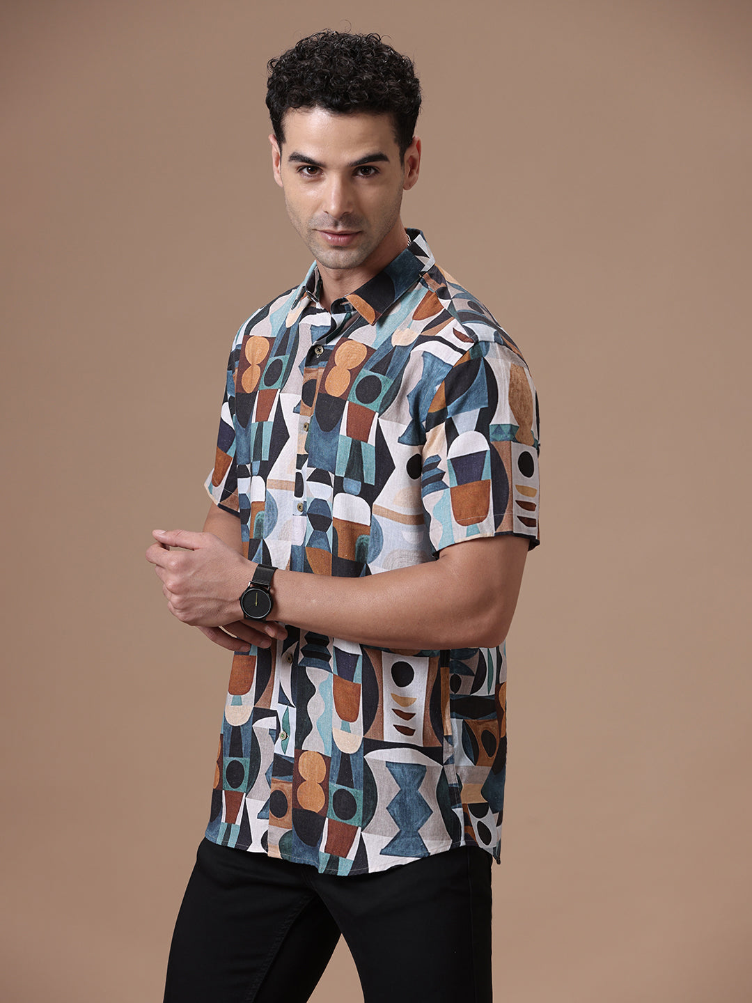 Comfort fit Printed Multi Smart casual Tencel Linen Half sleeve Shirt (MICHALE)