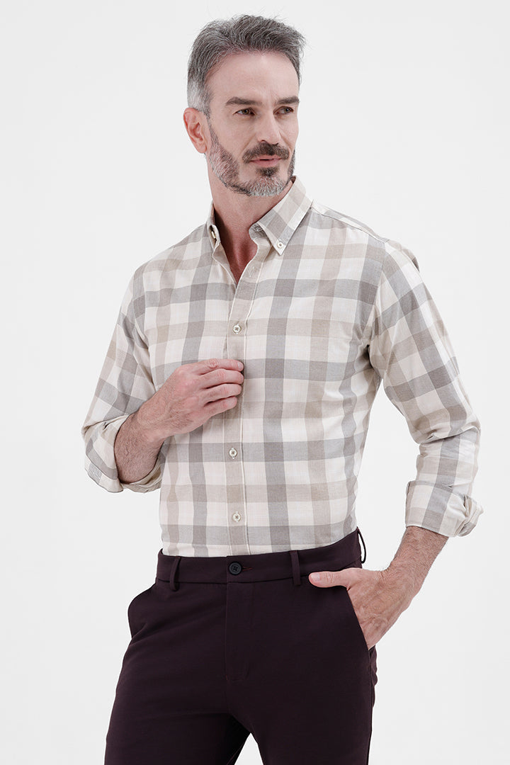 OFF WHITE BEIGE COTTON CHECK SHIRT