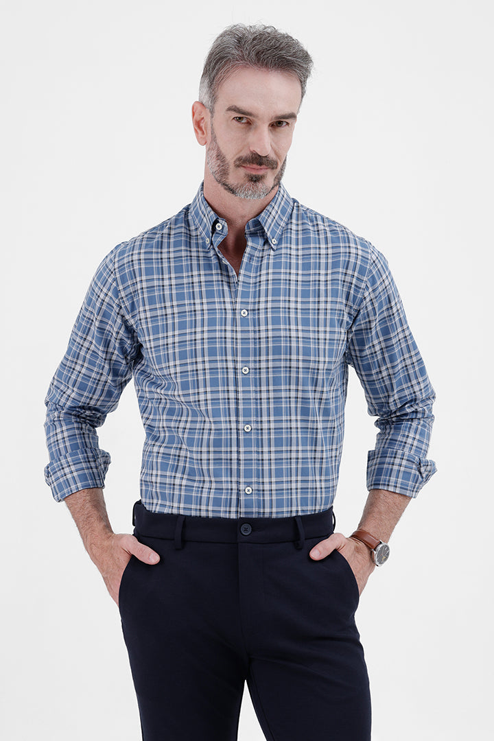 LT BLUE COTTON CHECK SHIRT