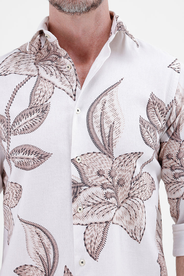 BROWN FLOWER COTTON LINEN PRINT SHIRT
