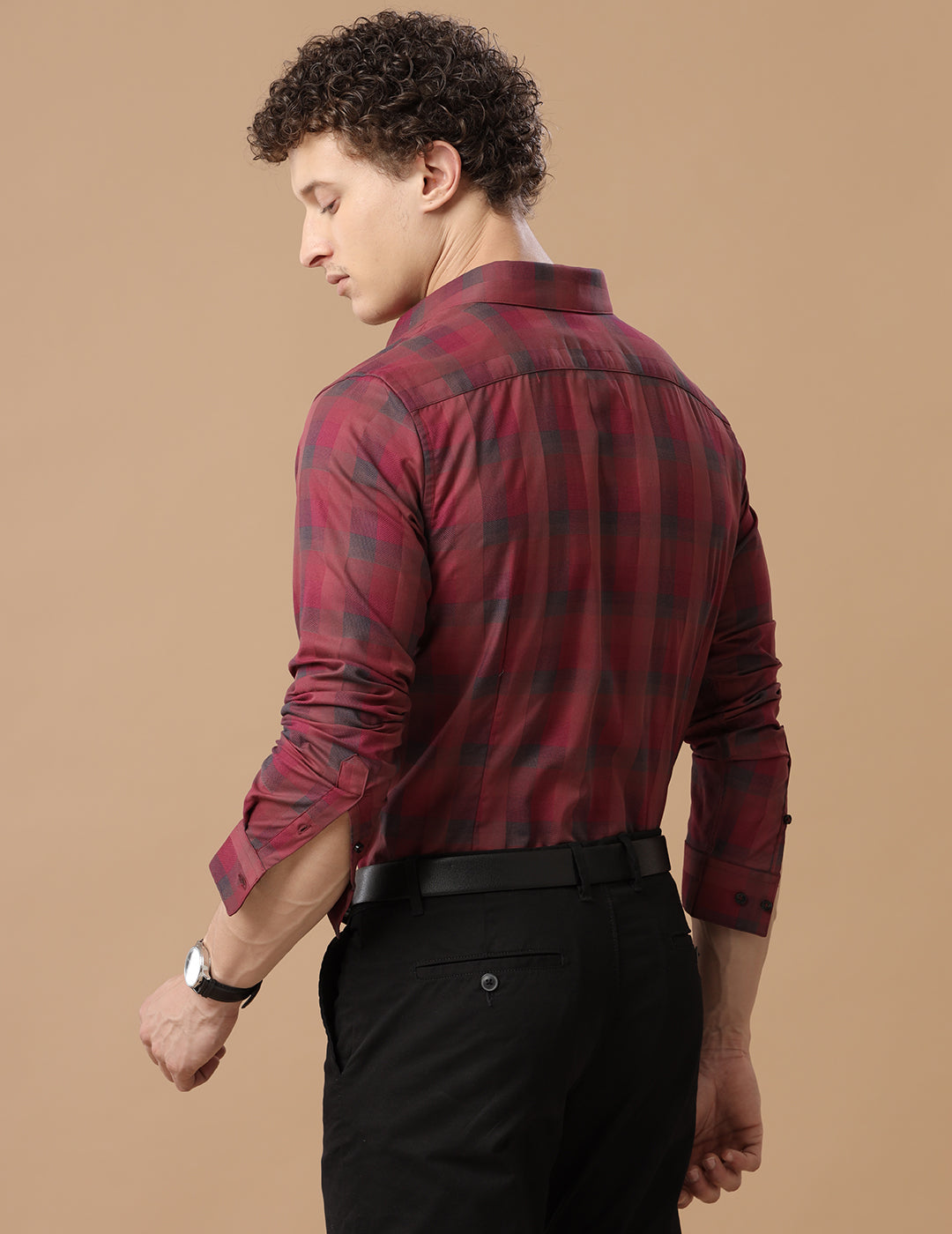 SlimFit Block-Check Rococco Red Smart Casual Cotton Shirt