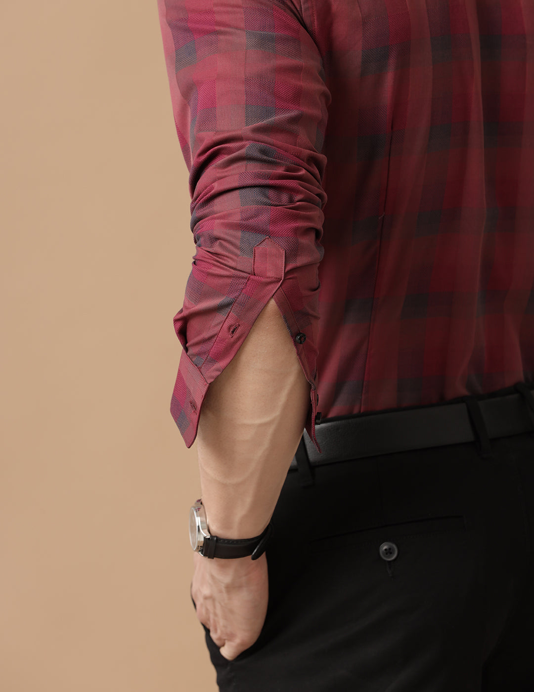 SlimFit Block-Check Rococco Red Smart Casual Cotton Shirt