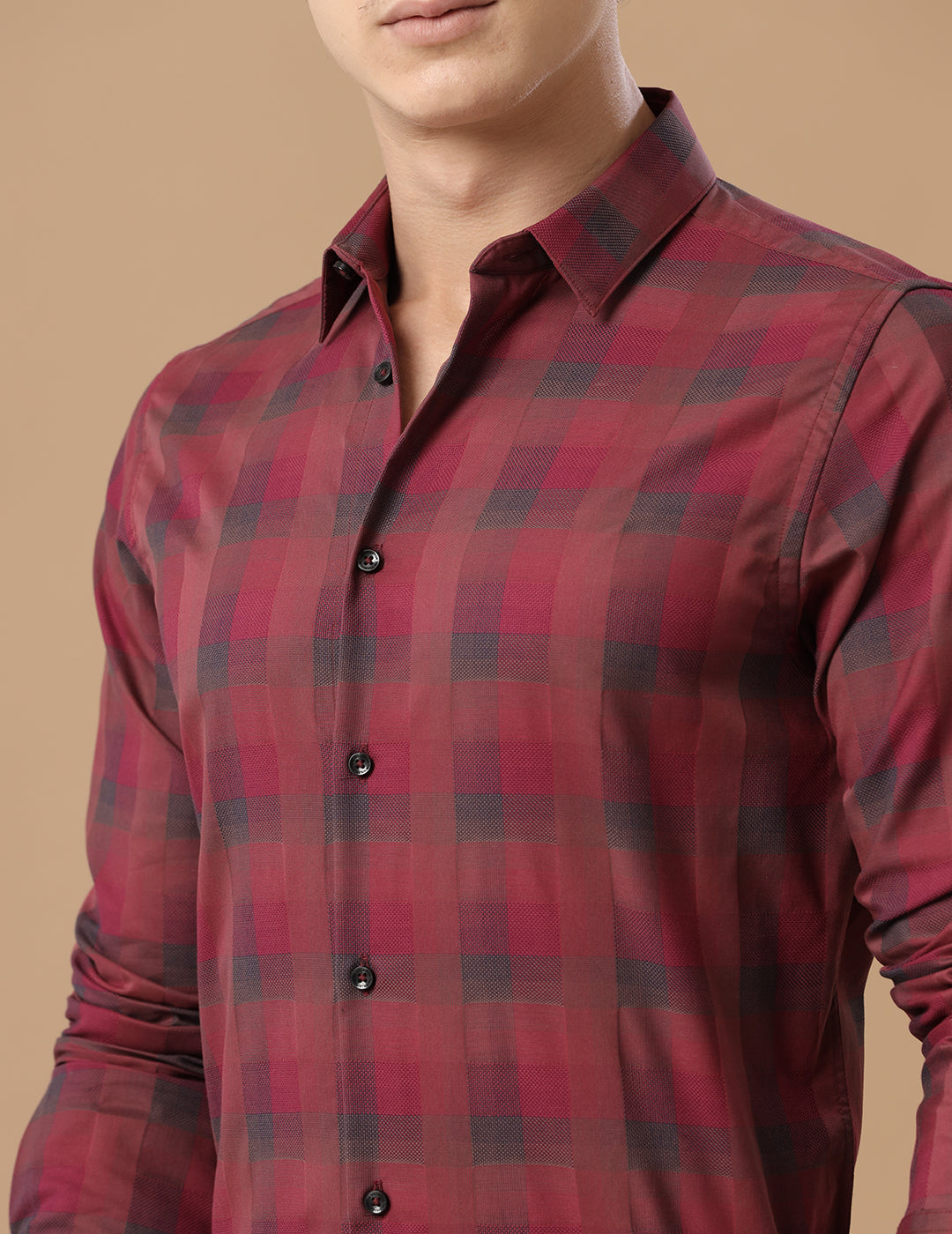 SlimFit Block-Check Rococco Red Smart Casual Cotton Shirt