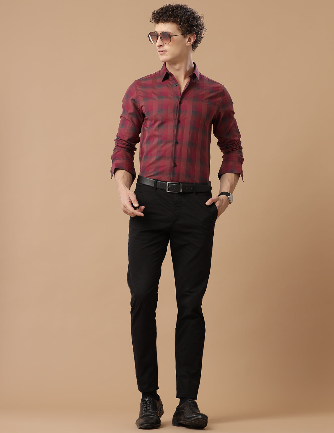 SlimFit Block-Check Rococco Red Smart Casual Cotton Shirt