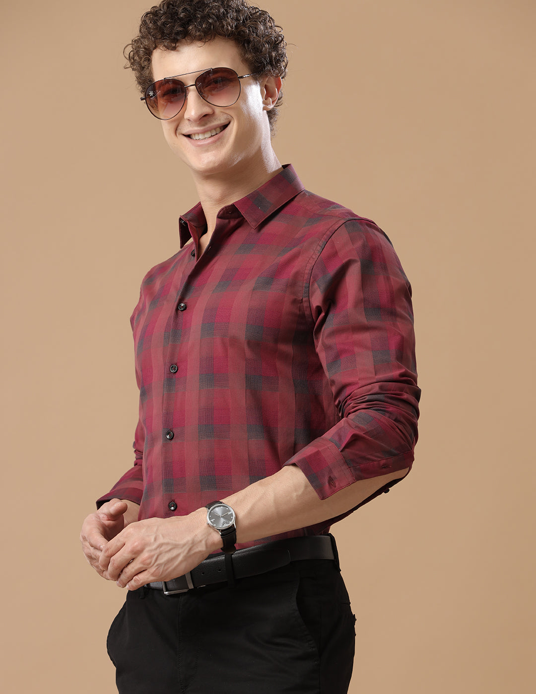 SlimFit Block-Check Rococco Red Smart Casual Cotton Shirt