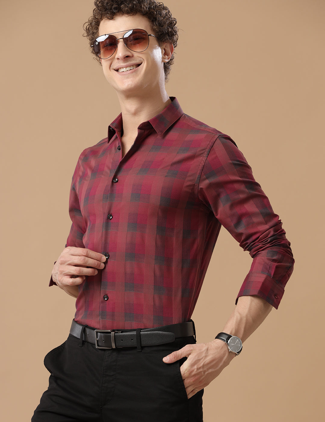 SlimFit Block-Check Rococco Red Smart Casual Cotton Shirt