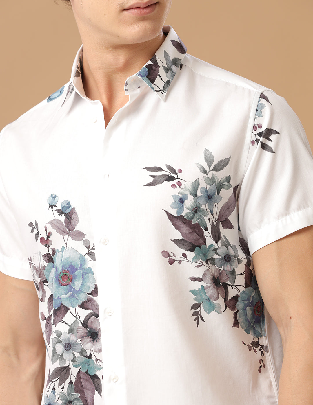Comfort Fit Printed Short Sleeve Castor Gray Print Smart Casual Cotton Tencil Shirt (DUNDEE)