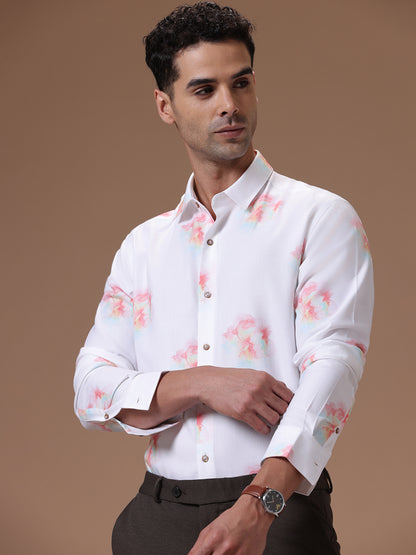 Comfort fit Cotton Viscose Printed White Smart casual Full sleeve Shirt (APASHE)