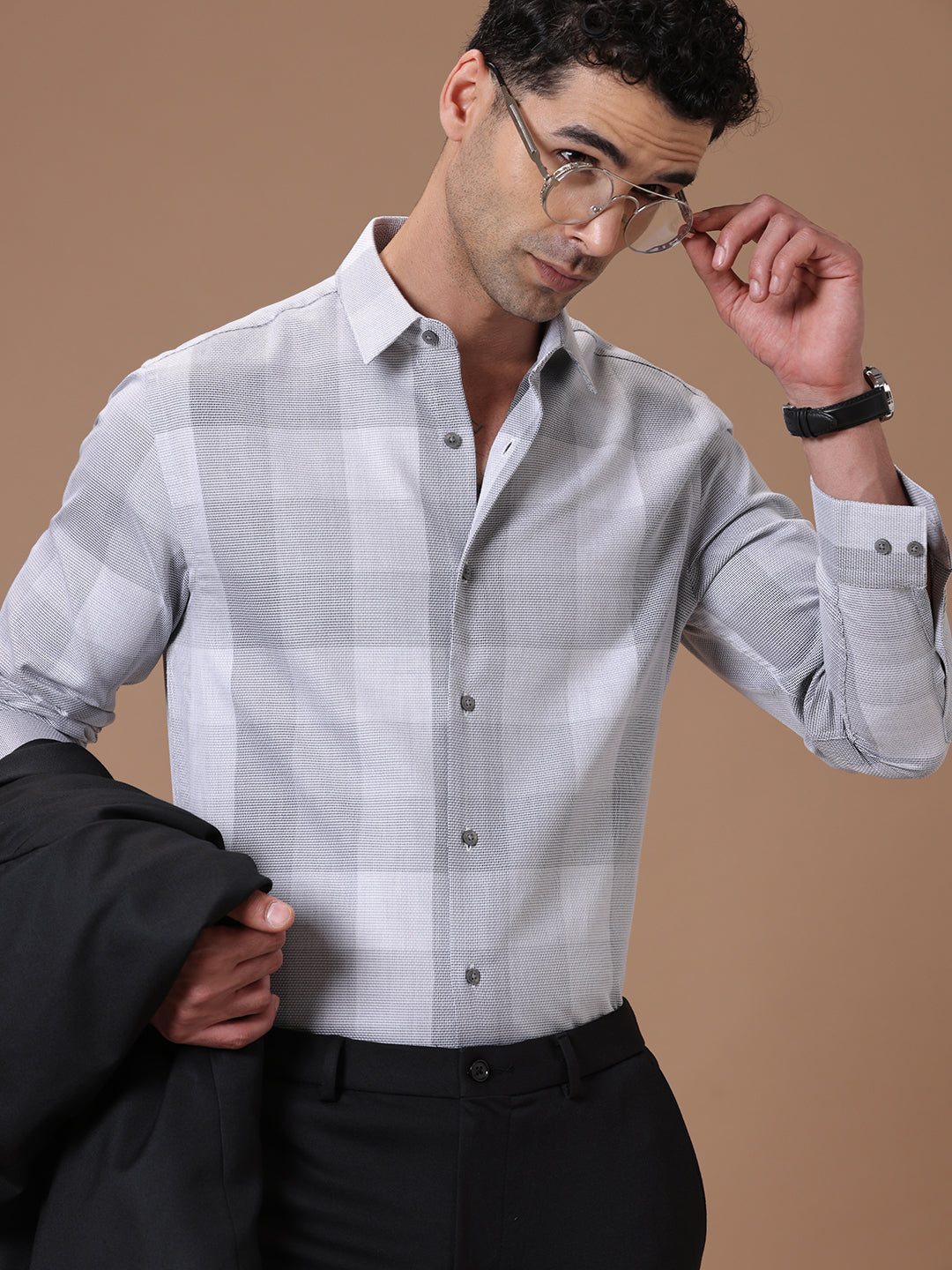 Slim Fit Check Earth Gray Smart Casual Supima Cotton Shirt (CHARLIE)