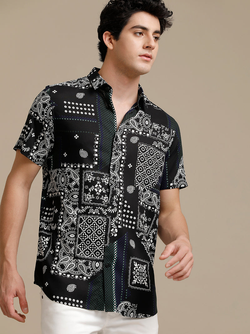 White On Black Print Short Sleeve Shirt