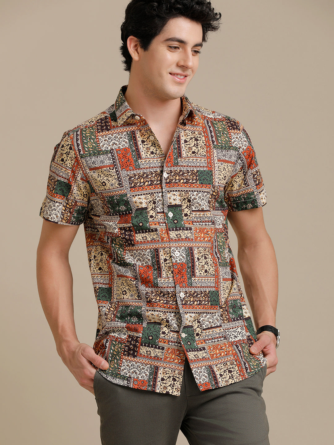 Orange Green Block Print Short Sleeve Shirt