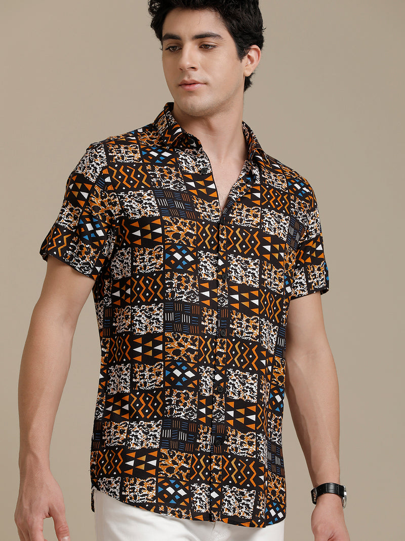 Brown Printed Checks Short Sleeve Shirt