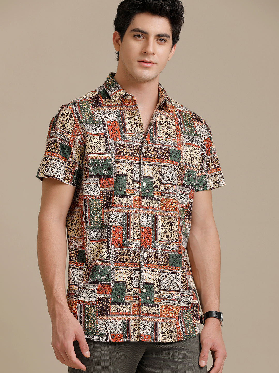 Orange Green Block Print Short Sleeve Shirt