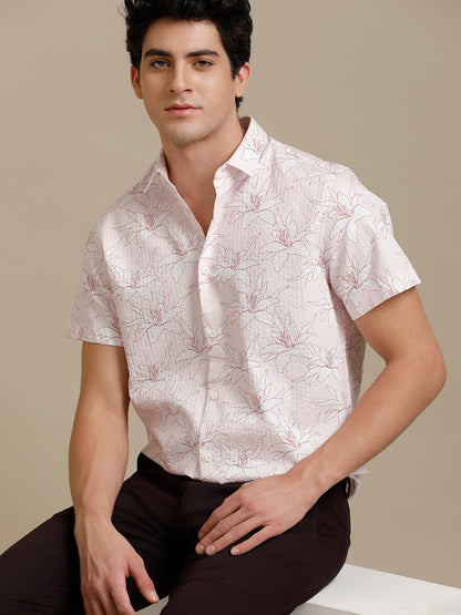 Seer Pink Hibiscus Print Short Sleeve Shirt