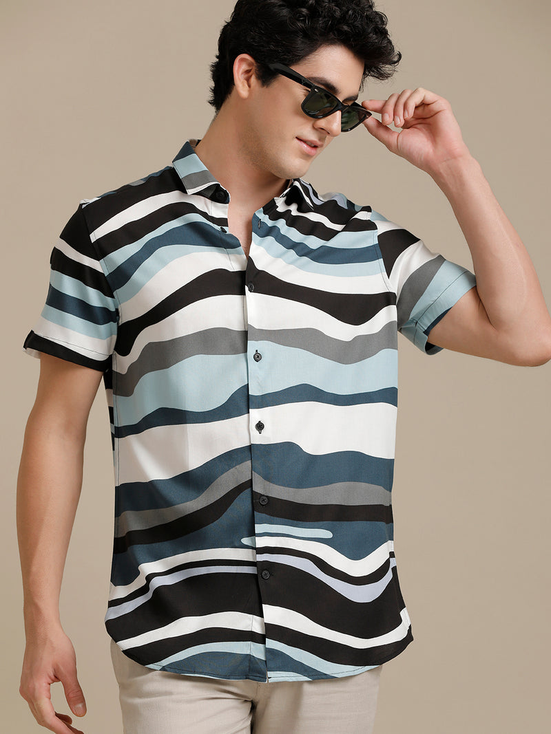 Black Waves Print Short Sleeve Shirt