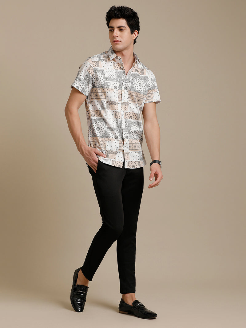 Beige White Block Print Short Sleeve Shirt