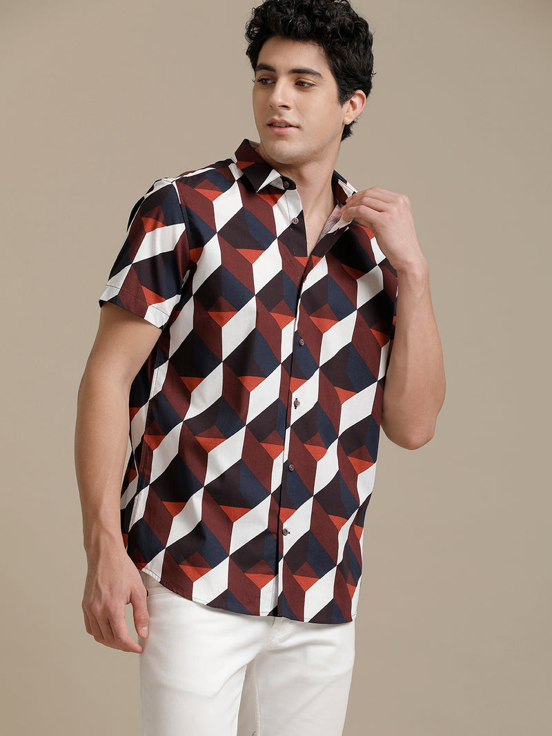 Rust Abstract Print Short Sleeve Shirt