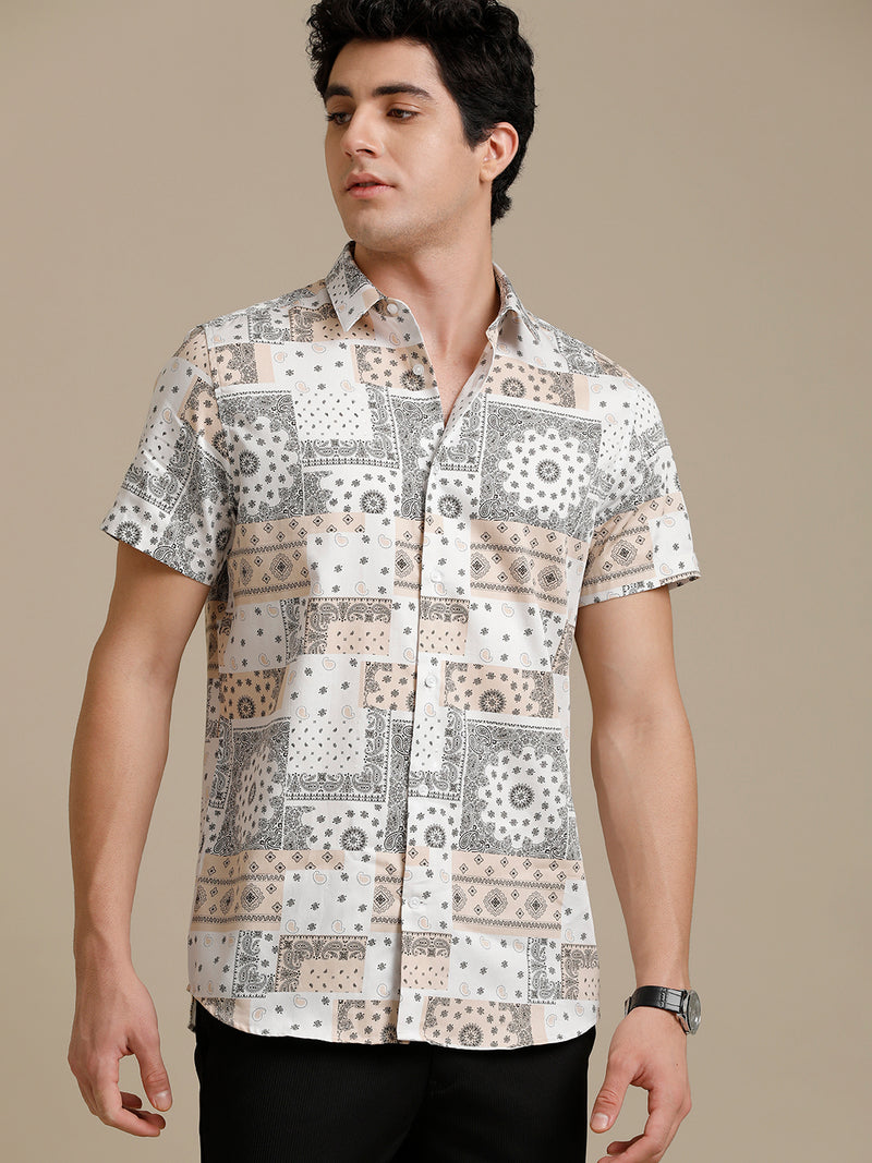 Beige White Block Print Short Sleeve Shirt