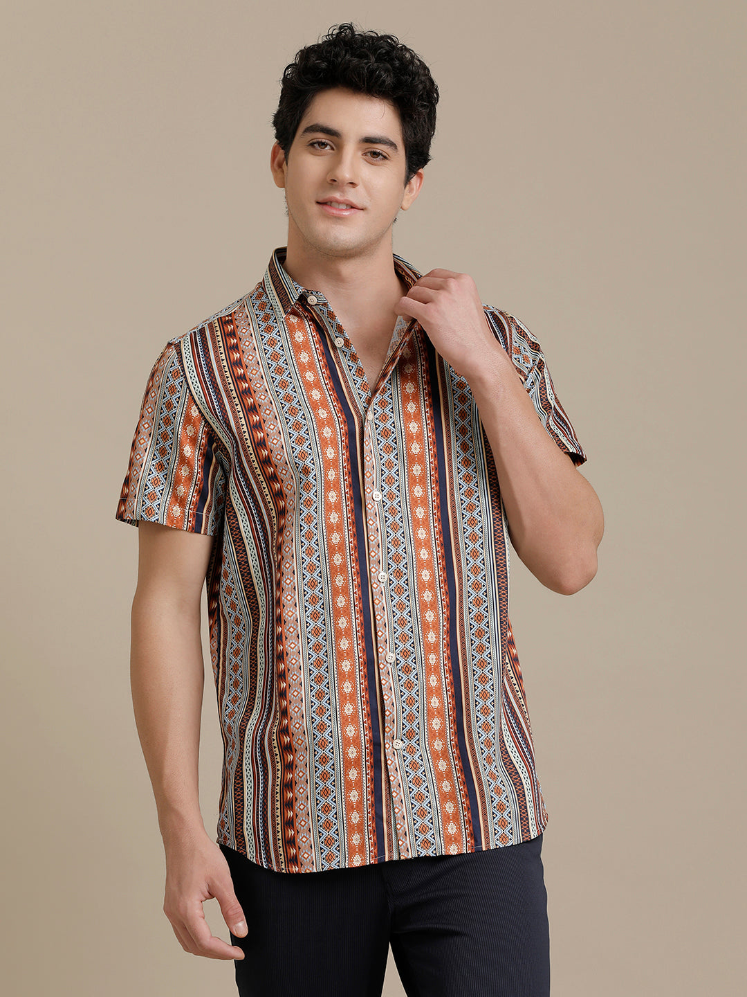 Abstract Multi Stripe Print Short Sleeve Shirt