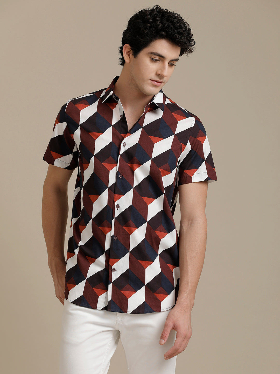 Rust Abstract Print Short Sleeve Shirt