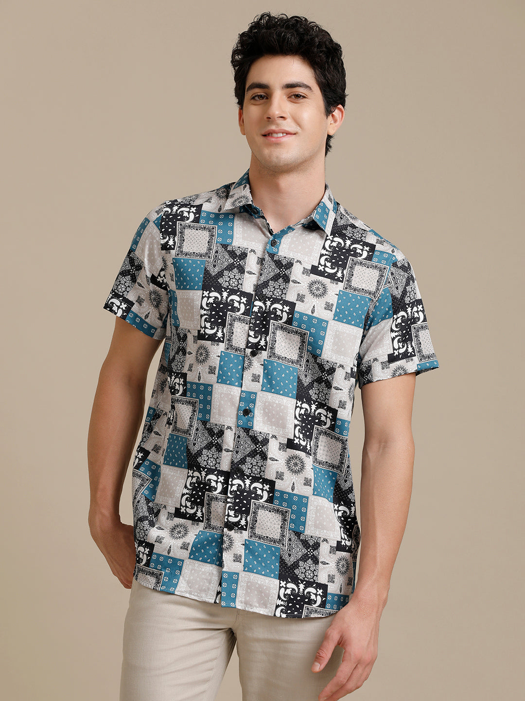 Grey Black Block Print Short Sleeve Shirt