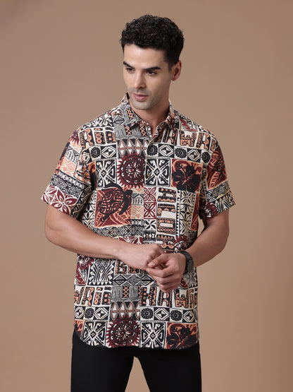 Comfort fit Printed Rust Smart casual Tencel Linen Half sleeve Shirt (VESPA)