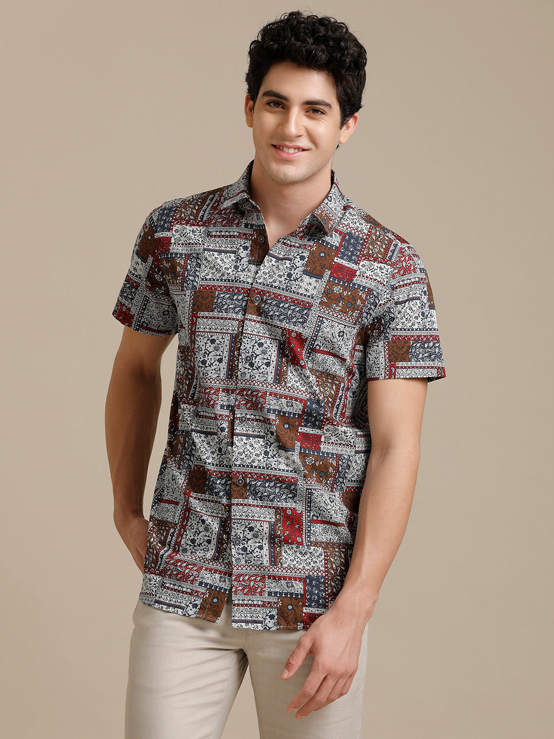 Blue Red Block Print Short Sleeve Shirt