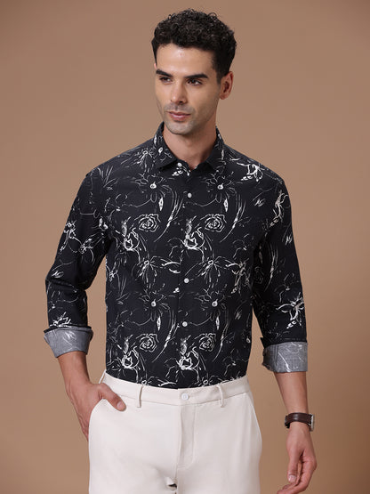 Comfort fit Cotton Viscose Printed Black Smart casual Full sleeve Shirt (HOZHO)