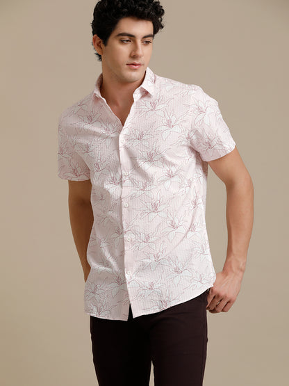 Seer Pink Hibiscus Print Short Sleeve Shirt