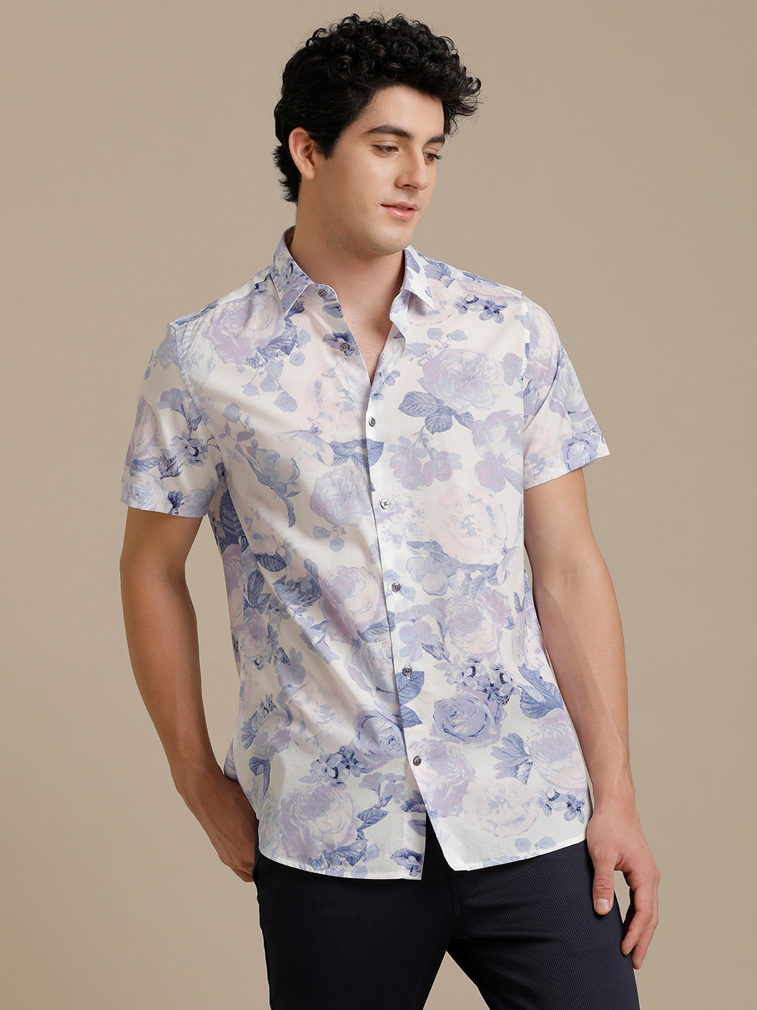 Floral Lilac Print Short Sleeve Shirt