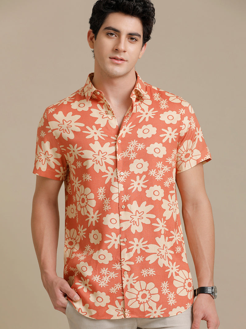 Orange Flower Print Short Sleeve Shirt