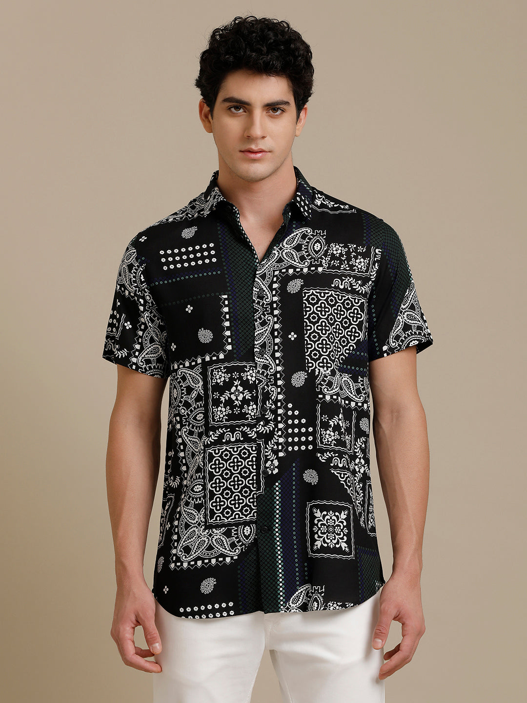 White On Black Print Short Sleeve Shirt